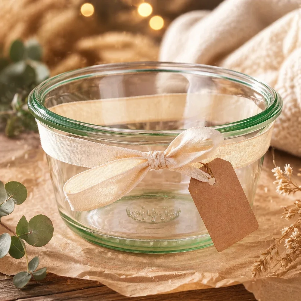 290ml sklenice na šťávu WECK RR100 pro labužníky. WECK RR100 290ml Gourmetglas dekorativ mit Schleifenband und Anhänger als Geschenkidee auf natürlich gedecktem Tisch
