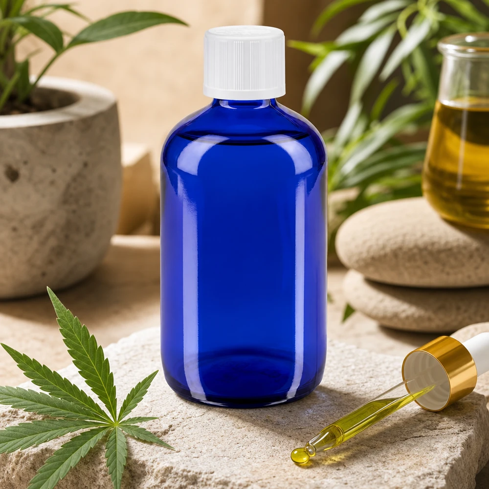 Lékárenská láhev modrá 100ml kapátko uzávěr bílý dětský bezpečnostní standard. Apothekerflasche 100ml in Royalblau mit 1,2mm Tropfeinsatz für ätherische Öle