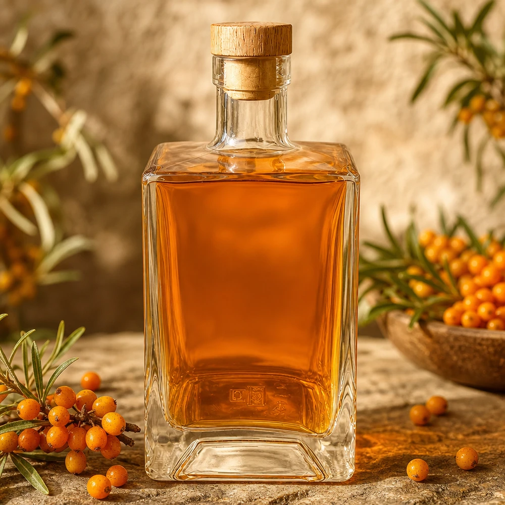 700ml Glasflasche "Gali" mit Holzgriffkorken UNiTWIST® 700ml Glasflasche Ben mit orangefarbenem Sanddornlikör gefüllt zwischen Sanddornbeeren natürliche Dekoration UNiTWIST Ho