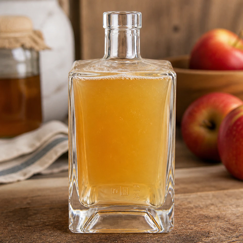 700ml Glasflasche Ben mit Apfelsaft befüllt neben roten Äpfeln auf Holzbrett natürliche Küchen-Atmosphäre