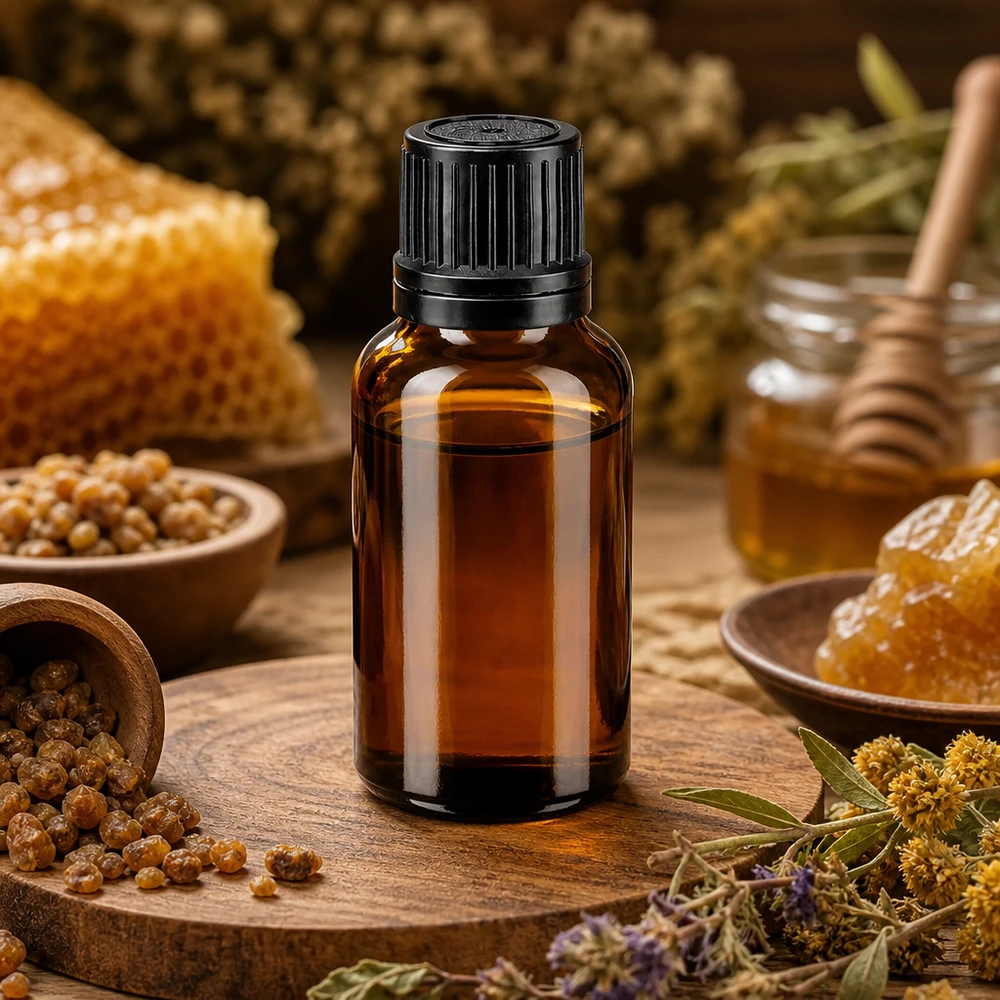 Lékárenská láhev hnědá 20ml šroubovací uzávěr černý nalévací kroužek tamper evident uzávěr Kompakte 20ml Braunglasflasche GR OV schwarz 8mm zwischen Bienenwachs Kräutern und Harzkügelchen
