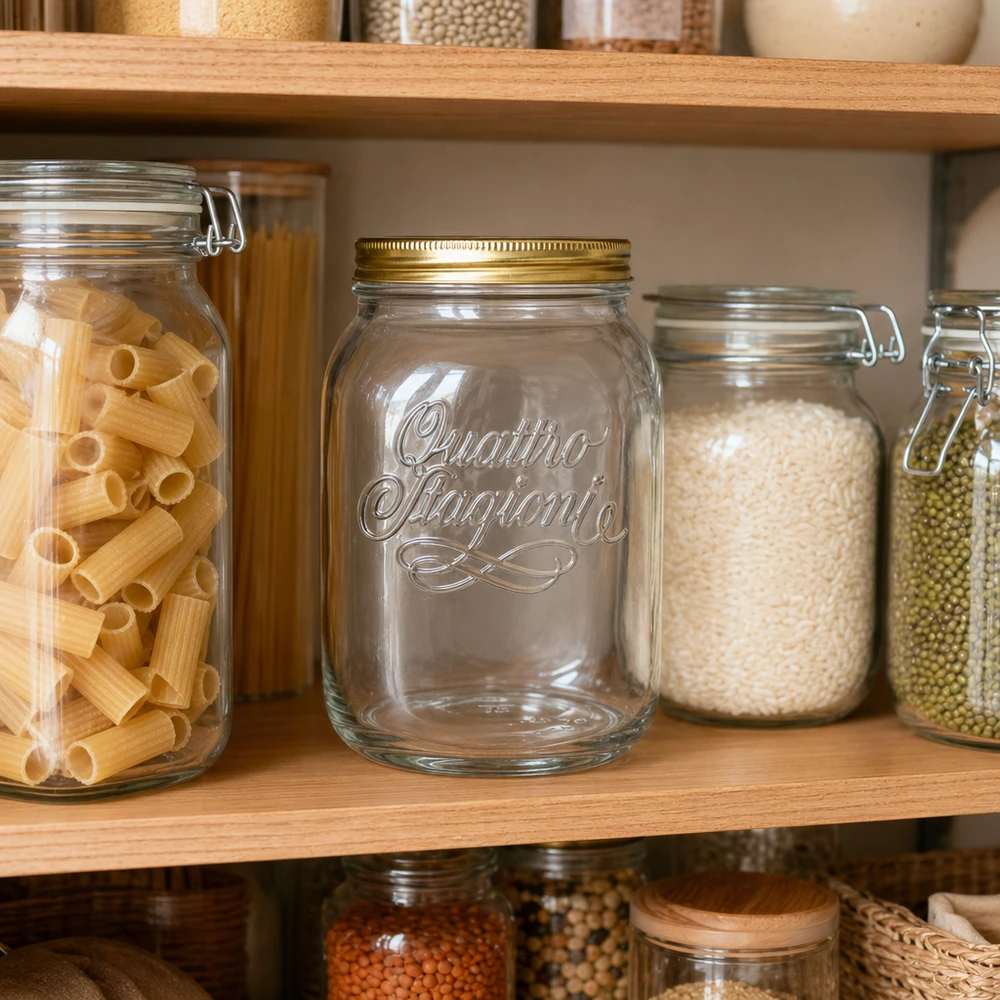 2000ml kulatá sklenice "Quattro Stagioni" s víčkem Quattro Stagioni 2L Vorratsglas in organisierter Küchenpantry mit Pasta und Reis - praktisches Aufbewahrungsglas