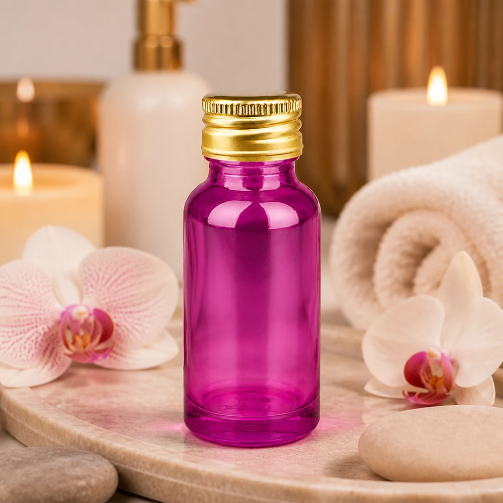 Elegante 20ml Violett-Glasflasche mit 11mm Gold-Aluminiumverschluss für exklusive Pflegeprodukte