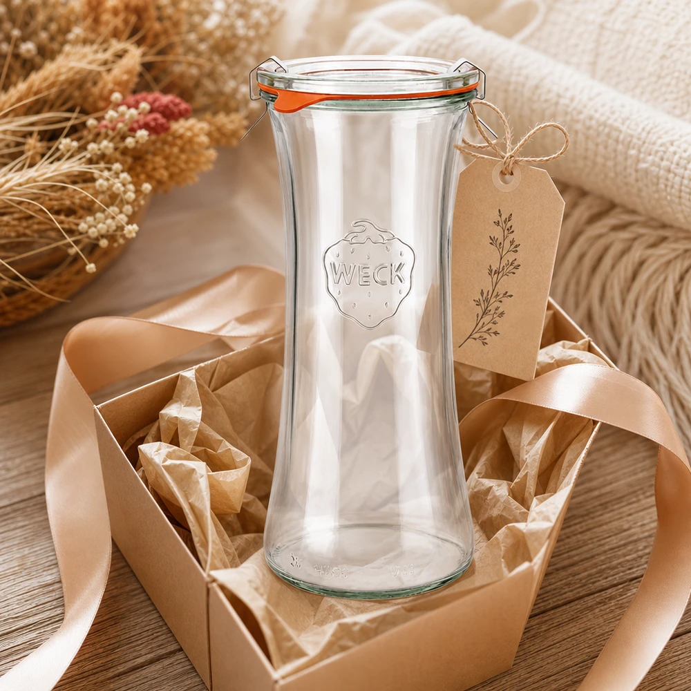 700ml lahůdková sklenice kompletní WECK RR80 WECK Delikatessenglas 700ml RR80 als Geschenk verpackt mit Schleife und Anhänger in rustikaler Dekoration