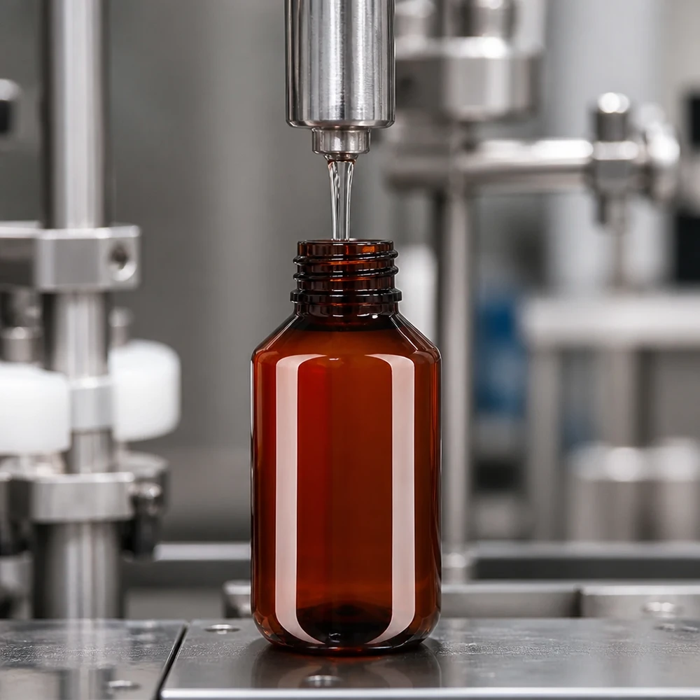 Automatická plnicí linka plní hnědé 100ml PET láhve s bílým vnějším obalem ve farmaceutickém závodě