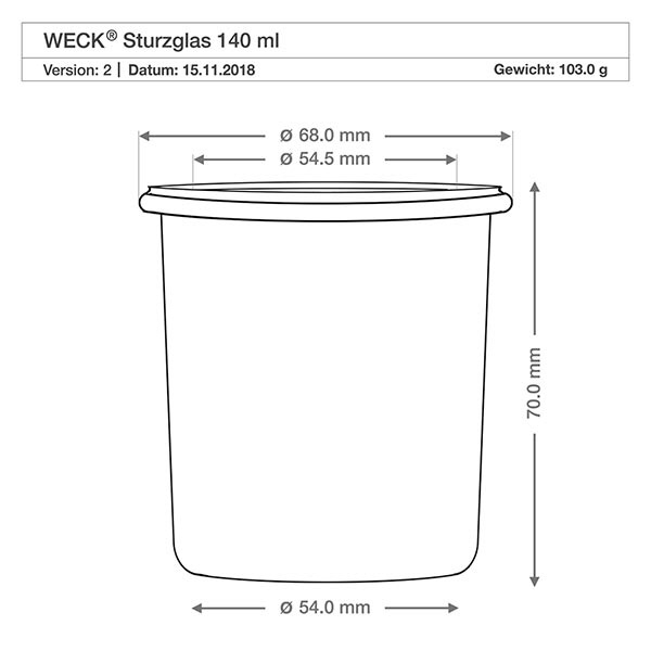 140ml tumbler WECK RR60 s dřevěným dřevem - 140ml tumbler WECK RR60 s dřevěným dřevem. WECK Sturzglas 140ml RR60 mit Maßangaben und technischer Zeichnung für Einmachglas