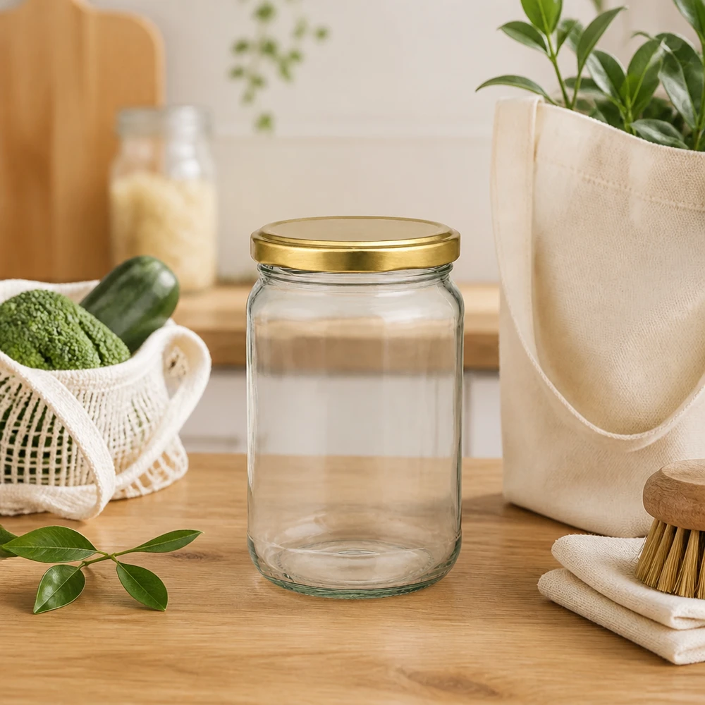 305ml kulatá sklenice s víčkem BasicSeal zlatá UNiTWIST 305ml Rundglas BasicSeal UNiTWIST gold in nachhaltiger Küchenszene mit Öko-Tasche und Zero-Waste-Zubehör