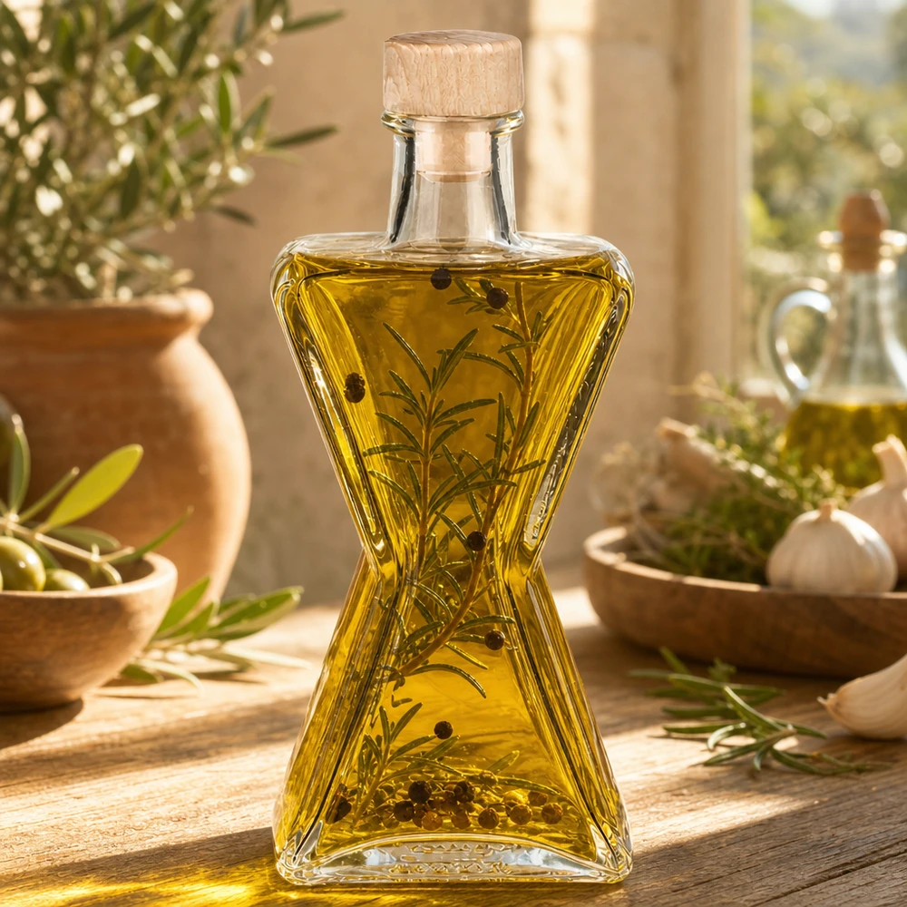 200ml Glasflasche Star mit Kräuteröl und Rosmarin befüllt - Holzkorken UNiTWIST für aromatische Öle und Essige