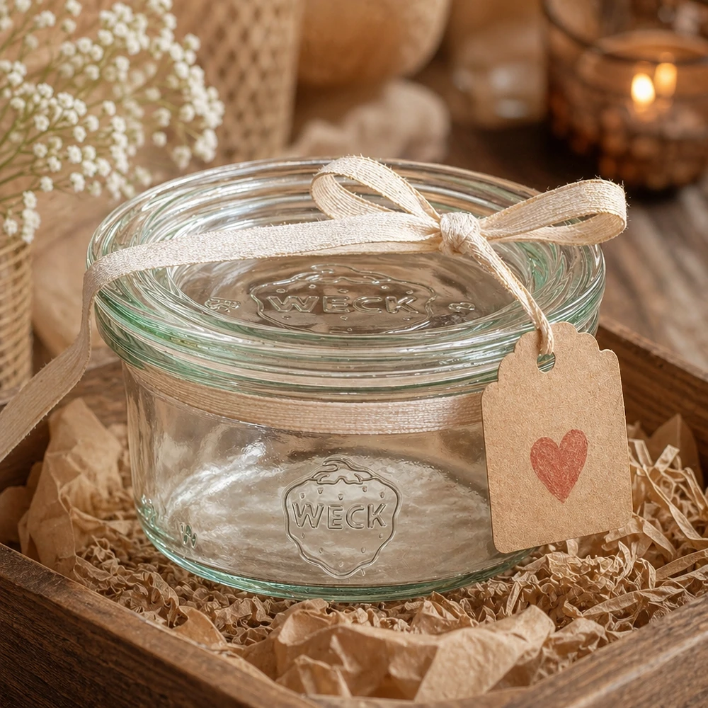 Skleněné 50ml sklenice s víčkem WECK RR60. WECK Sturzglas 50ml dekorativ als Geschenk mit Schleifenband und Herzanhänger in rustikalem Ambiente präsentiert