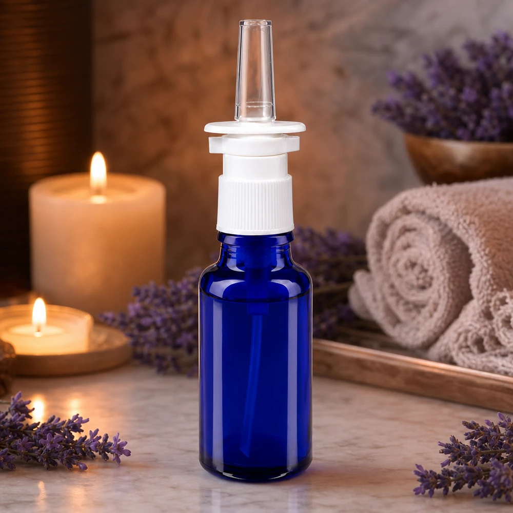 Lékárenská lahvička modrá 20ml nosní rozprašovač bílá stř. Aromatherapie-Nasenspray 20ml in blauer Glasflasche mit transparenter Sprayspitze und Wellnessdekoration