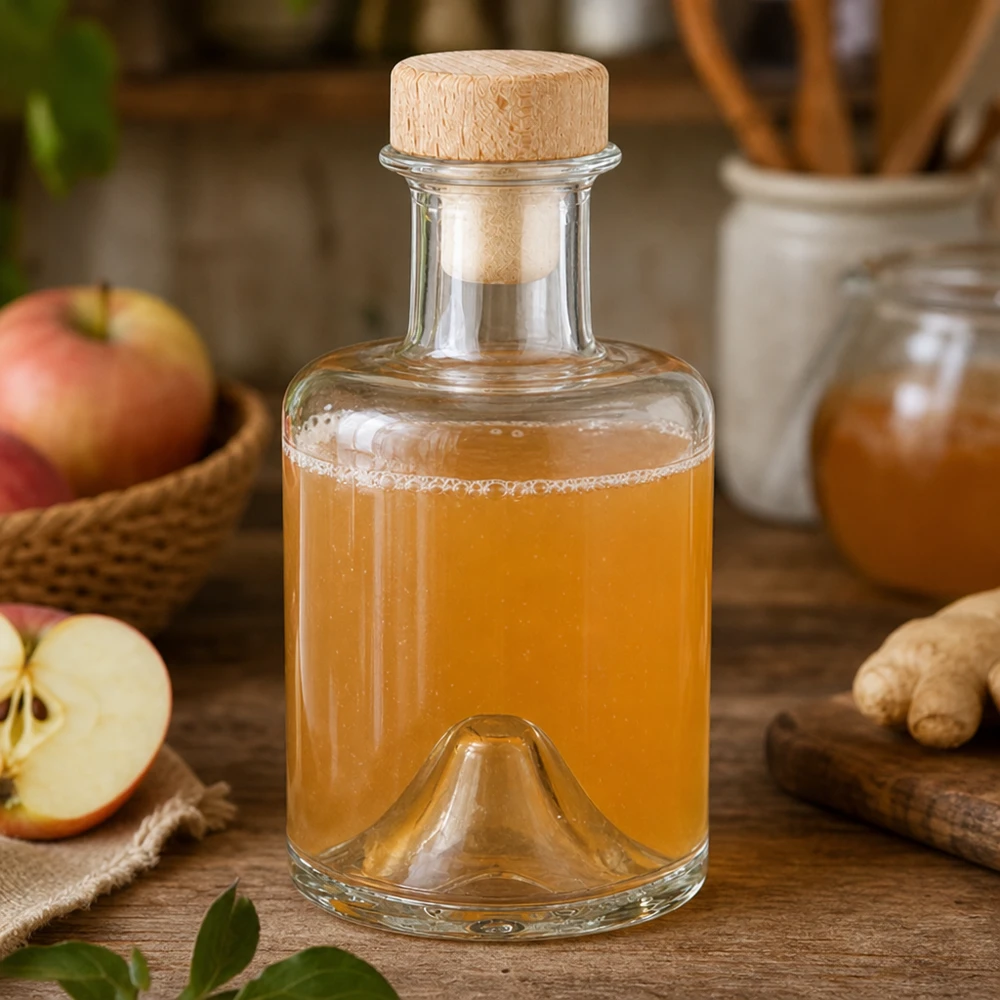 200ml Glasflasche Sofia mit Holzkorken gefüllt mit Apfelessig neben Apfel und Ingwer in natürlicher Küchenszene