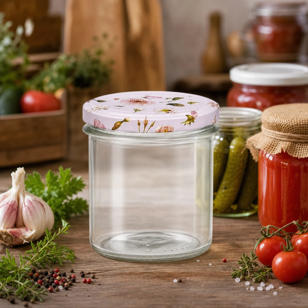 350ml sklenice + víčko BasicSeal flower pink UNiTWIST Sturzglas 350ml mit Blumendeckel rosa in Küche neben eingelegten Gurken Tomatenkonserven und frischen Kräutern