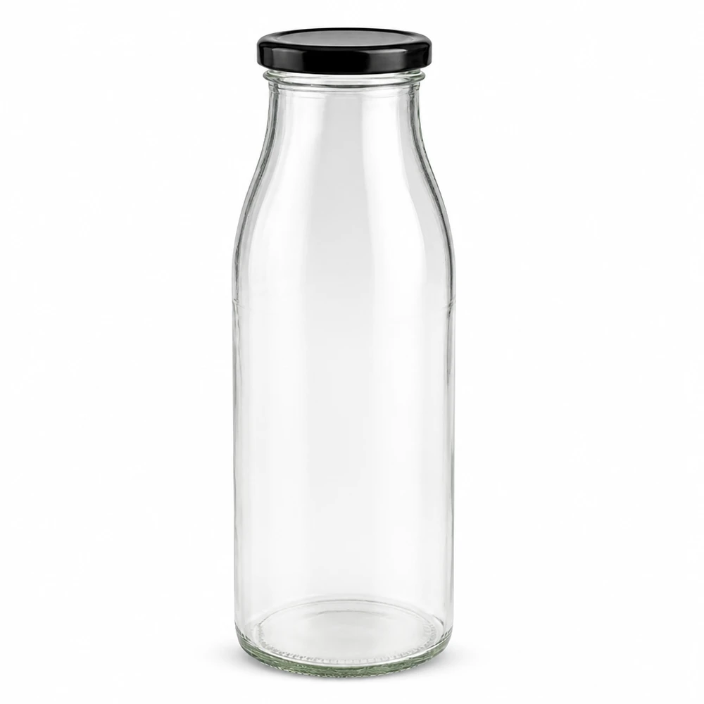 500ml skleněná láhev + víčko BasicSeal černé UNiTWIST 500ml Glasflasche mit schwarzem BasicSeal Deckel UN-zertifiziert transparent leer stehend Produktfoto