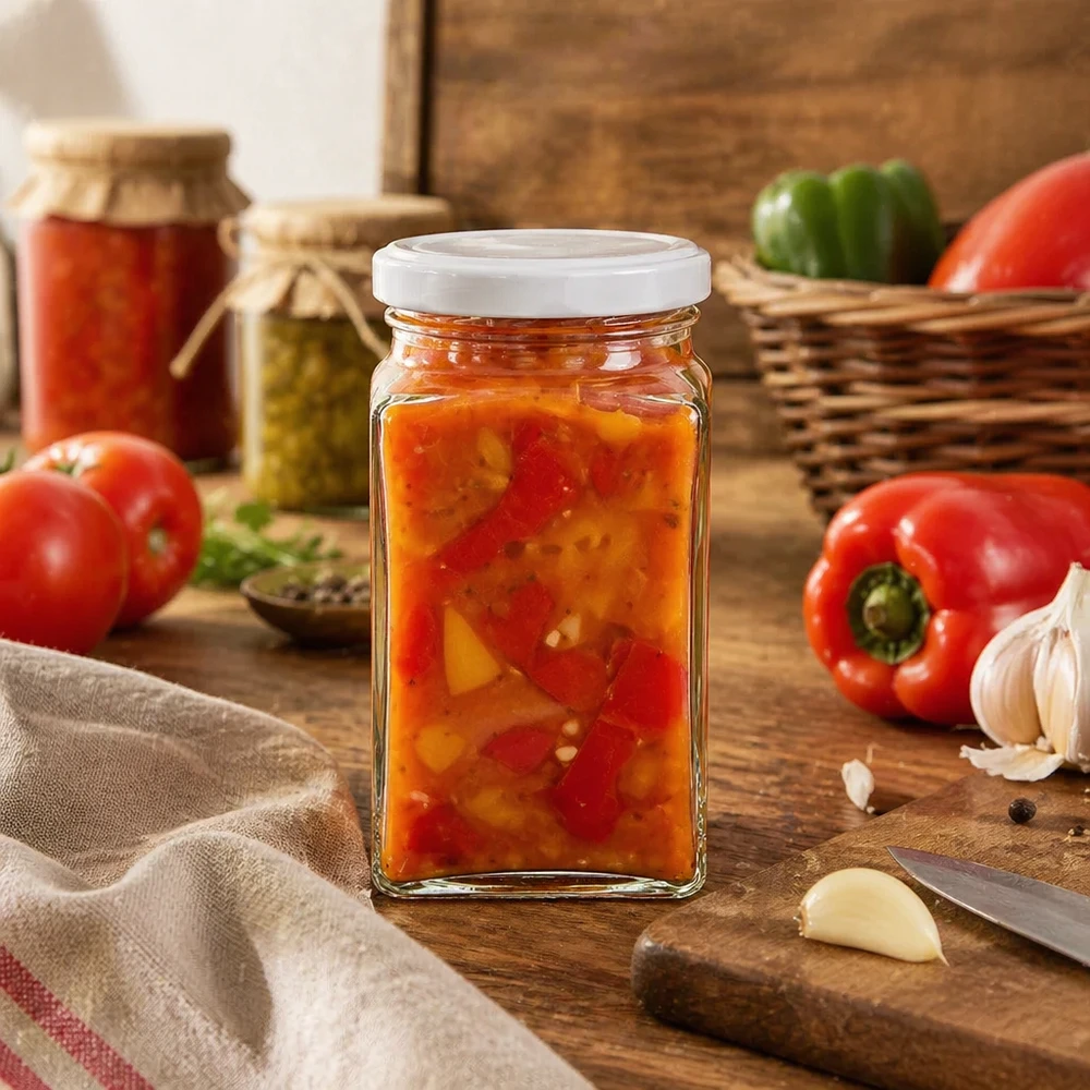 260ml tetra sklenice s víčkem BasicSeal bílá UNiTWIST. 260ml Tetraglas BasicSeal mit Gemüseaufstrich gefüllt neben Paprika Tomaten und Knoblauch rustikale Küche Einmachen