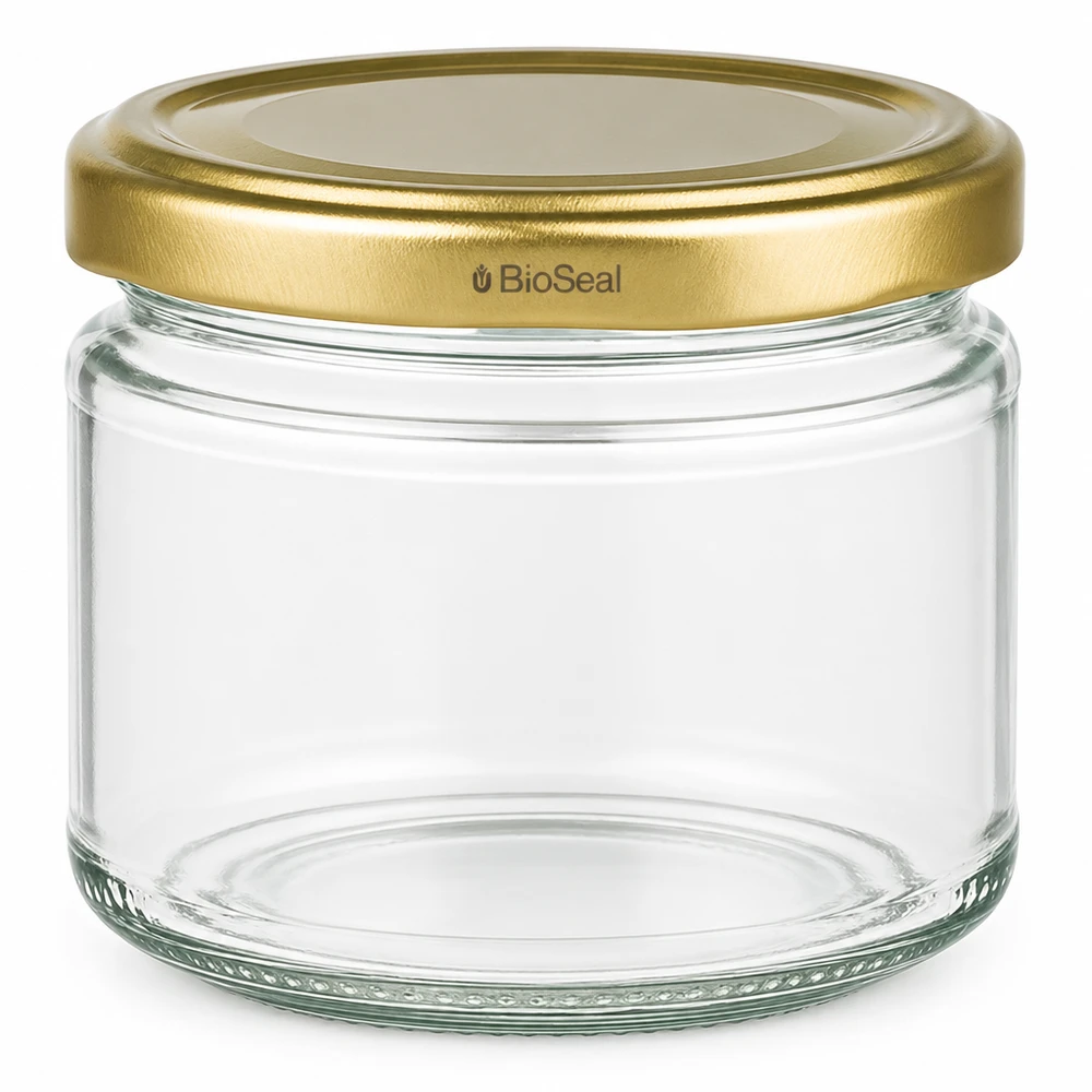 330ml kulatá sklenice + zlaté víčko BioSeal UNiTWIST UniTWIST Runda330 Einmachglas mit goldenem TO82 BioSeal Deckel aus klarem Glas für Konservierung