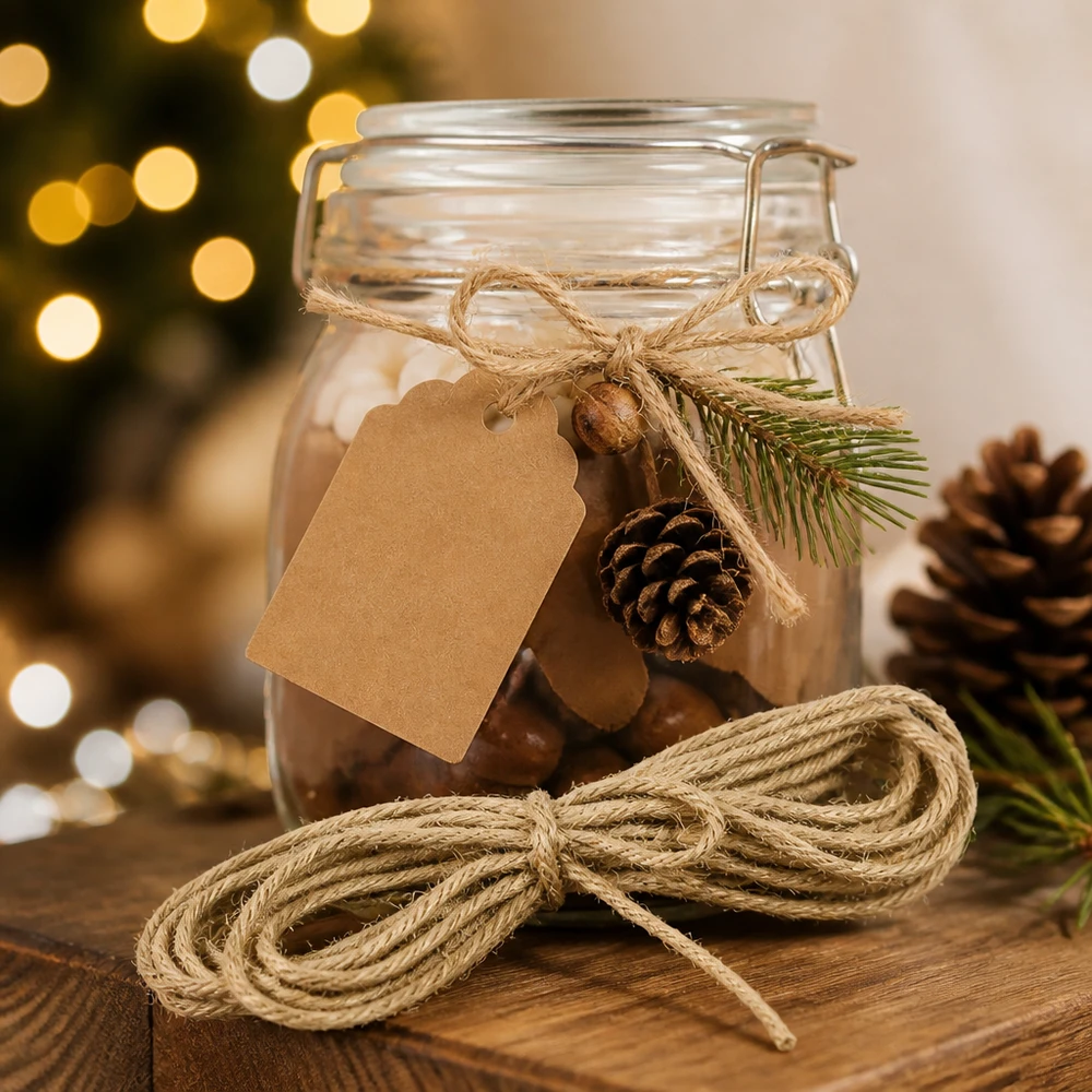 Přírodní šňůra na zdobení dlouhá 300 cm Naturkordel Jute 300cm als Weihnachtsdeko mit Tannenzapfen und Geschenkanhänger am festlich dekorierten Glas