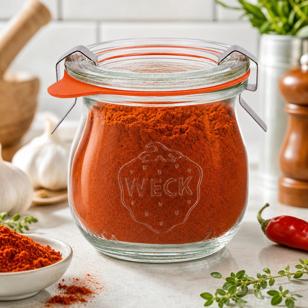 WECK Tulpenglas 75ml RR40 mit Paprikapulver befüllt in mediterraner Gewürzküche mit frischen Kräutern und Chili