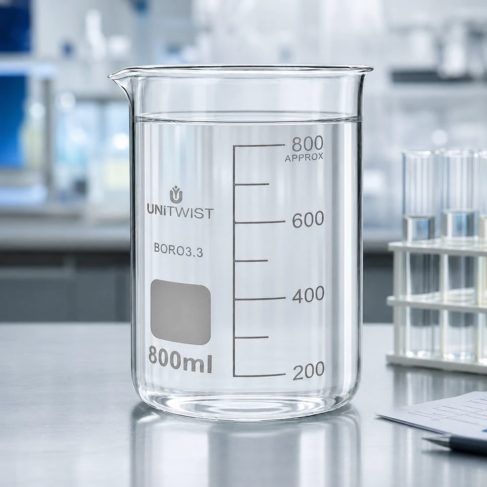Kádinka 800 ml borosilikátová, vysoká forma UNiTWIST Professionelles Becherglas 800ml hohe Form UNITWIST Borosilikat mit klarem Wasser befüllt