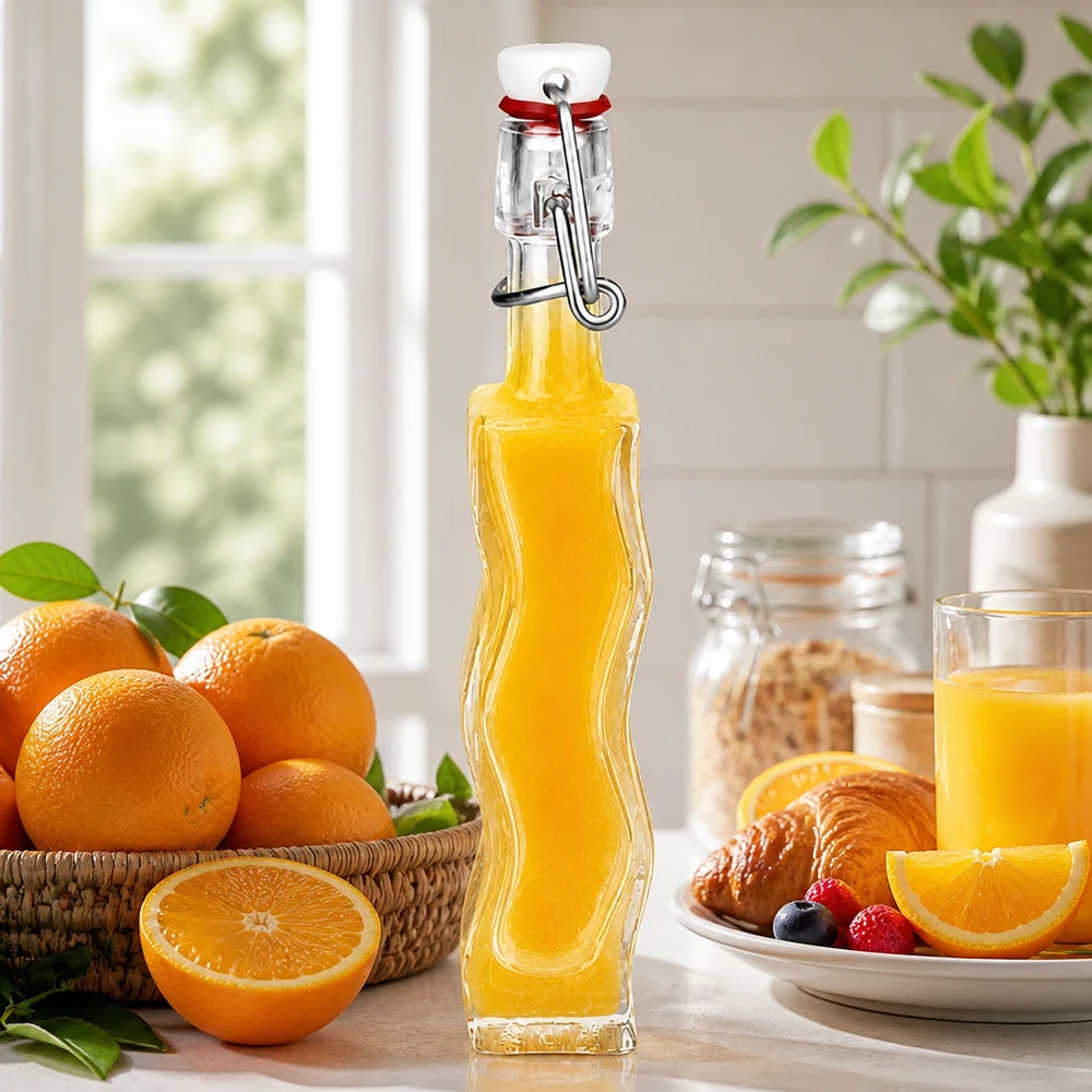 40ml Glasflasche "Anna" mit PVC Bügelverschluss UNiTWIST 40ml Glasflasche Anna mit orangefarbener Füllung neben frischen Orangen und Croissants in sonniger Küchenszene