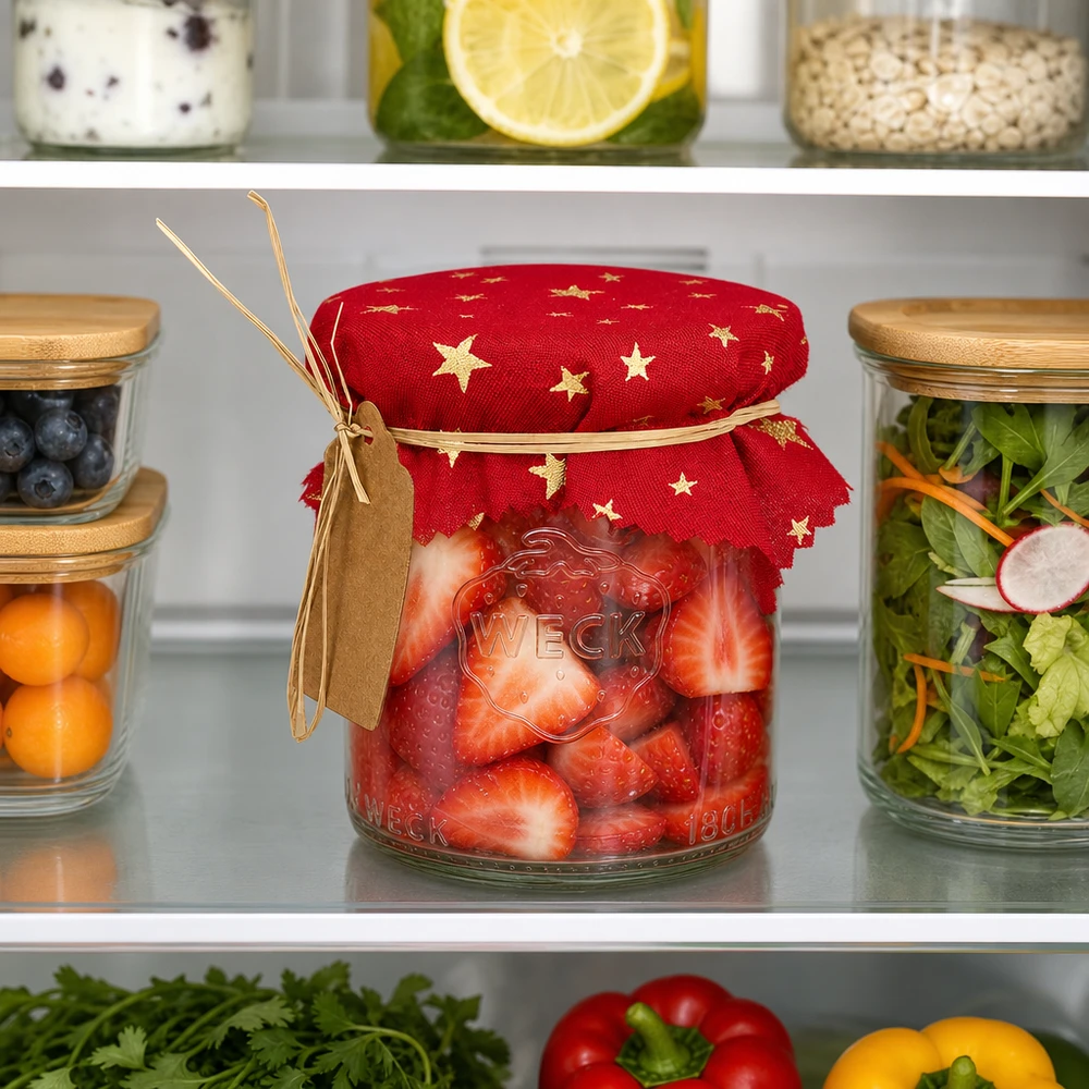 Látkový ubrousek na šperky červený "hvězdy" 12cm čtvercový Rotes Sterne Schmuckdeckchen 12cm im Kühlschrank auf Einmachglas mit Erdbeeren zwischen Vorratsgläsern und Salat