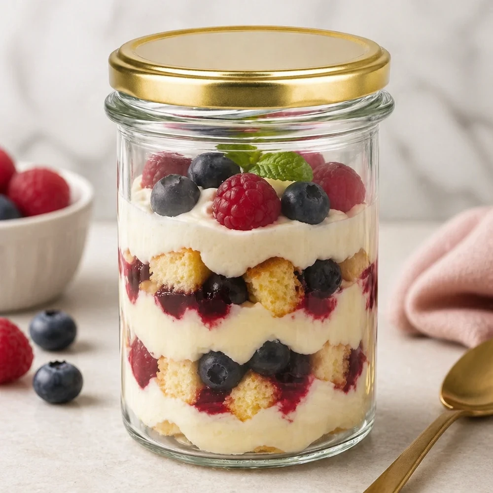 230ml Sturzglas BasicSeal Deckel gold UNiTWIST gefüllt mit Schichtdessert Beeren Creme als Dessertglas