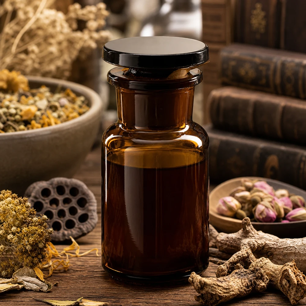 Láhev s kulatým ramenem 50ml hnědá skleněná zátka se širokým hrdlem Vintage Braunglasflasche 50ml Weithals zwischen getrockneten Blüten Wurzeln und antiken Büchern