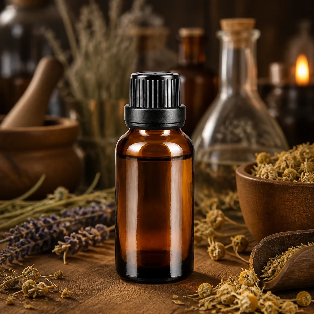 Lékárenská láhev hnědá 20ml kapací uzávěr nalévací kroužek 2mm černý tamper evidentní uzávěr. Tropfflasche aus UV-Schutzglas 20ml schwarz verschlossen für ätherische Öle und Tinkturen