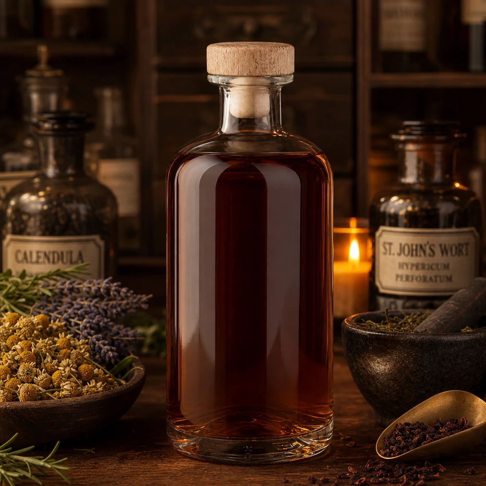 500ml Glasflasche "Flora" mit Holzgriff-Korken UNiTWIST 500ml Glasflasche Flora mit Holzkorken braune Tinktur zwischen Kräutern Calendula St Johnswort Apotheker Ambiente