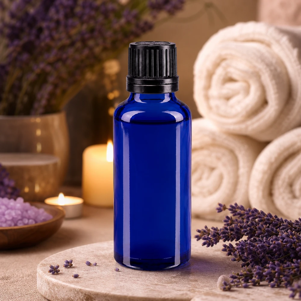 30ml Dosierflasche aus blauem Schutzglas mit feinem 1mm Tropfeinsatz schwarz