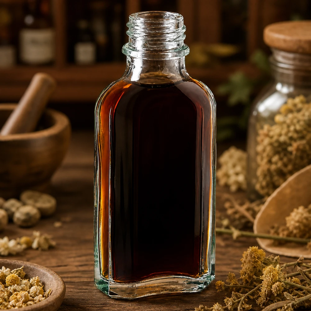 50 ml Meplatflasche aus klarem Glas mit dunkelbraunem Pflanzenextrakt gefüllt