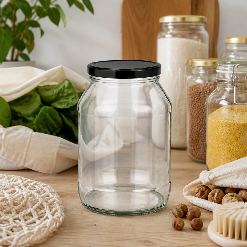2650ml kulatá sklenice s víčkem BasicSeal černá UNiTWIST Leeres 2650ml Rundglas mit schwarzem Deckel auf Holztisch mit Nüssen Getreide und nachhaltigen Küchenutensilien