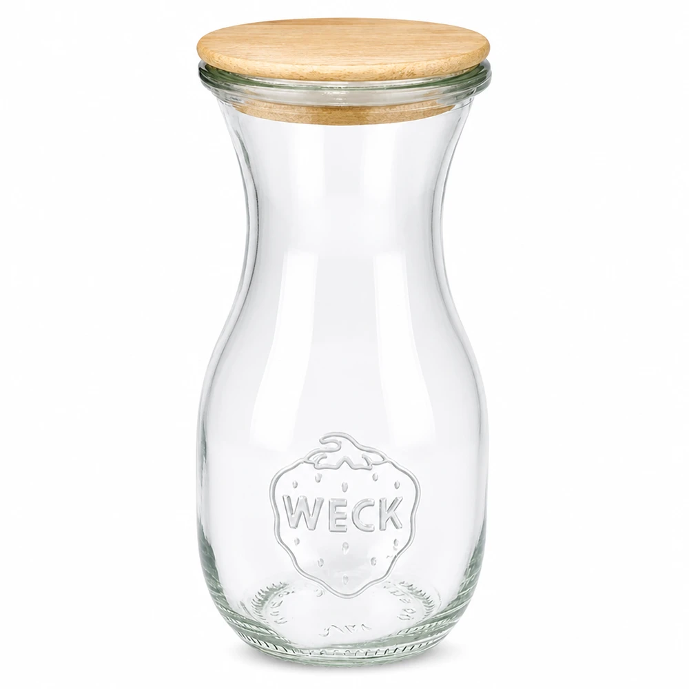 290ml láhev na šťávu Edition RR60 s dřevěným víčkem WECK Saftflasche 290ml aus Glas mit Holzdeckel und geprägtem Logo auf weißem Hintergrund