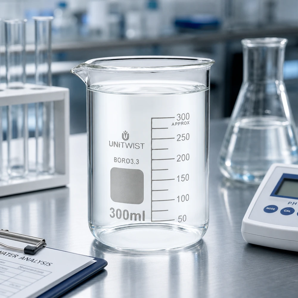 Kádinka 300 ml borosilikátová, nízká forma UNiTWIST Becherglas 300ml niedrige Form aus Borosilikatglas mit weißer Beschriftung und Skalierung