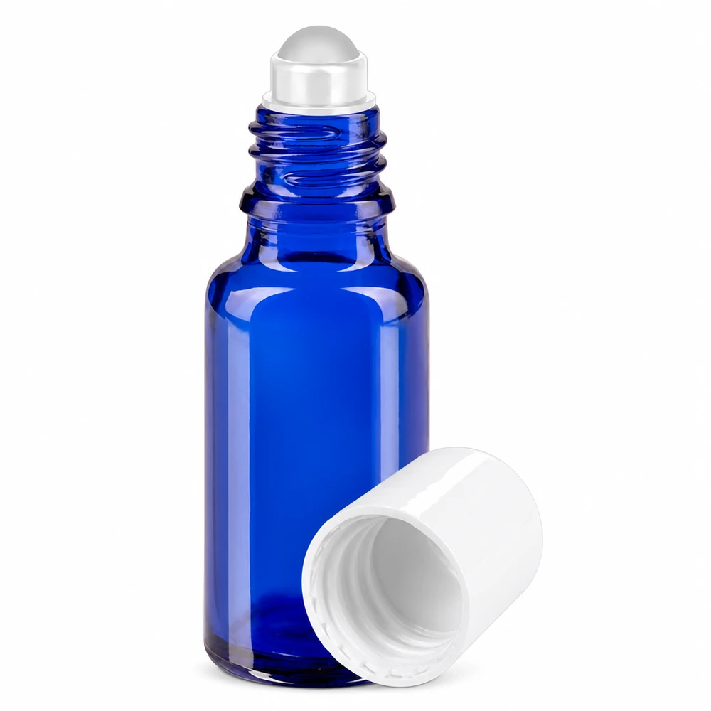 Lékárenská lahvička modrá 20ml roll-on uzávěr bílý Roll-On Flasche 20ml aus hochwertigem blauem Apothekenglas mit weißem Kunststoffdeckel