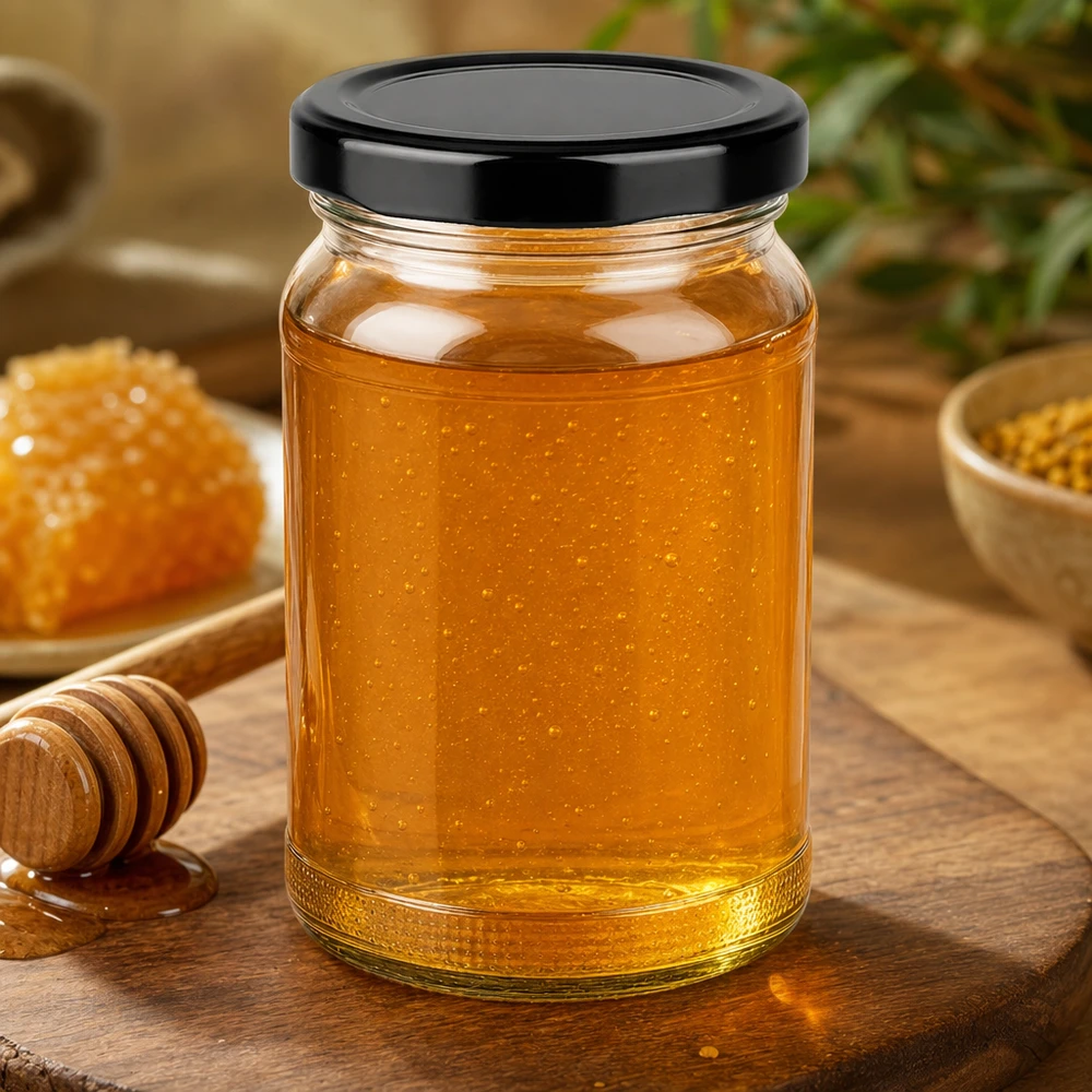UNiTWIST Rundglas 110ml mit Honig gefüllt und schwarzem TO48 Deckel auf Holztisch neben Bienenwabe und Honiglöffel