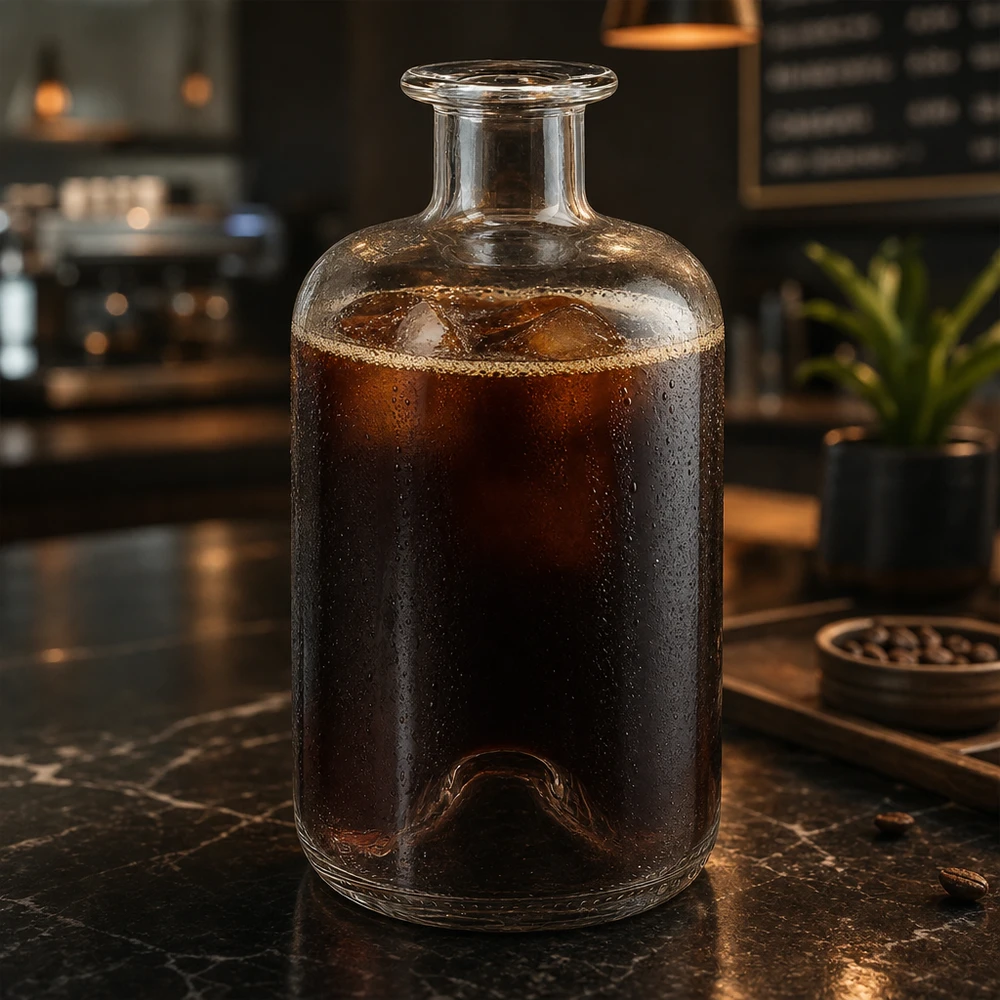 500ml Glasflasche "Luna" ohne Verschluss UNiTWIST Apothekerflasche Luna 500ml mit Cold Brew Kaffee gefüllt auf Marmortisch in moderner Café-Atmosphäre