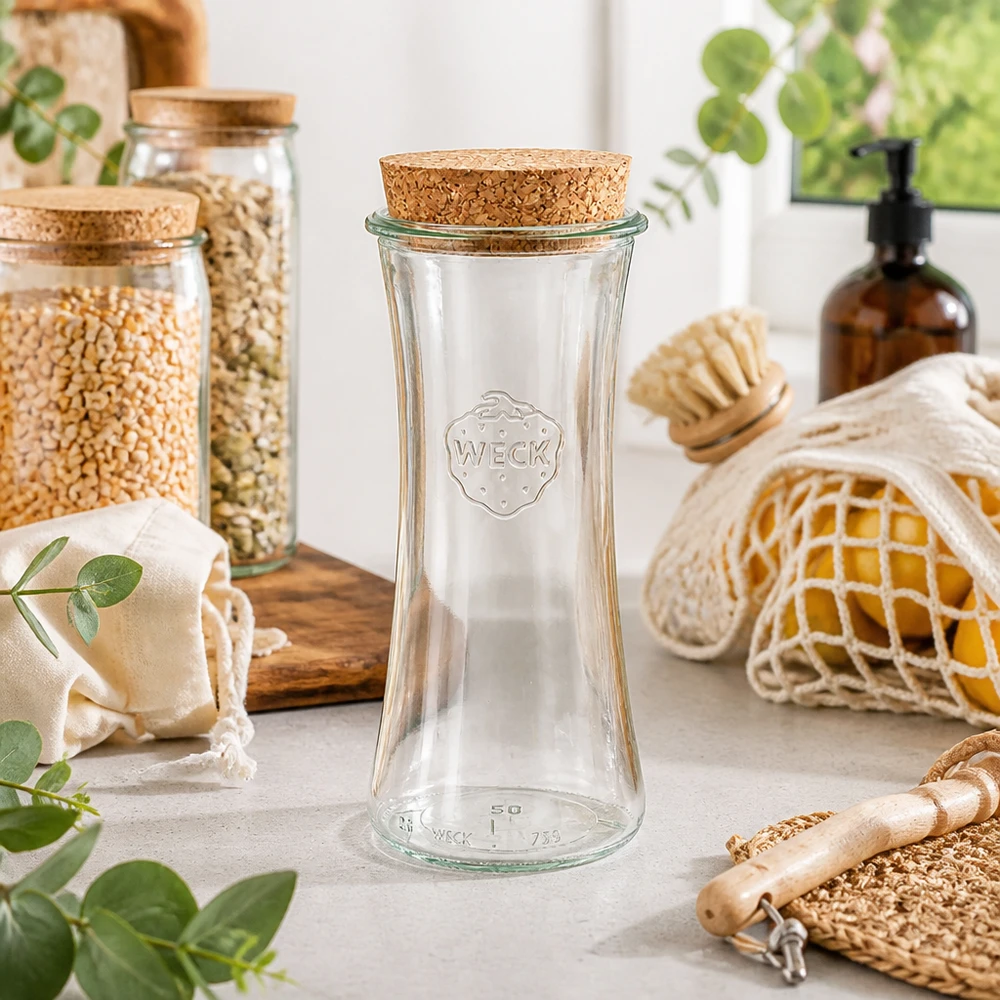 700ml sklenice na lahůdky WECK RR80 s korkem přírodní WECK RR80 Delikatessenglas 700ml leer mit Korkdeckel in nachhaltiger Zero-Waste Küche zwischen Vorratsgläsern