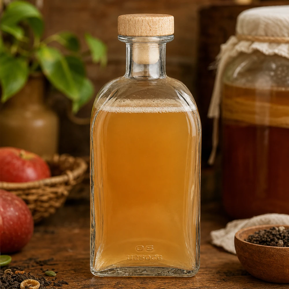 500ml Glasflasche Julia mit Holzkorken gefüllt mit Apfelsaft zwischen Äpfeln und Gewürzen auf Küchentheke