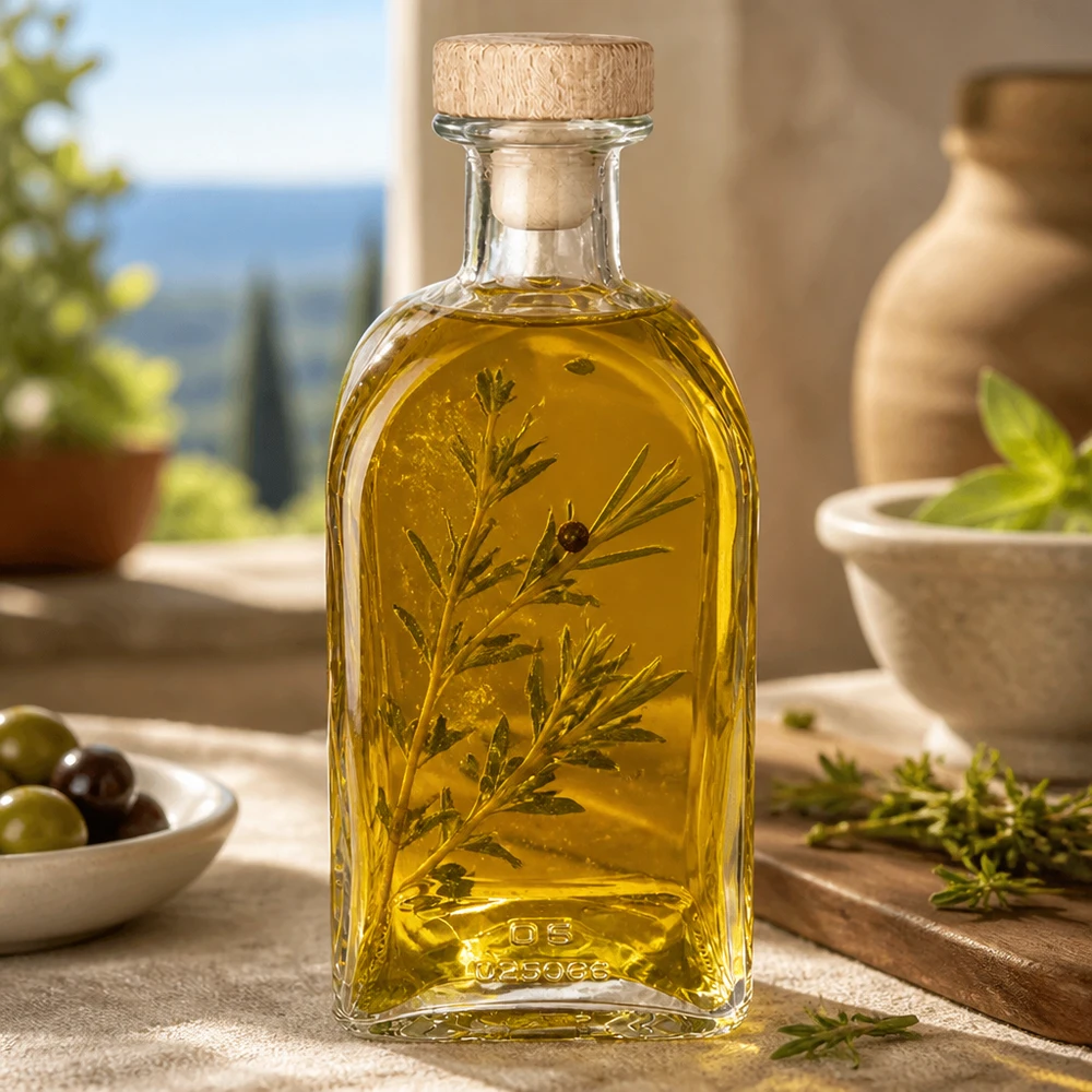 500ml Glasflasche Julia mit Holzkorken gefüllt mit Kräuteröl mediterranes Ambiente Olivenöl Gewürzöl Dekoration