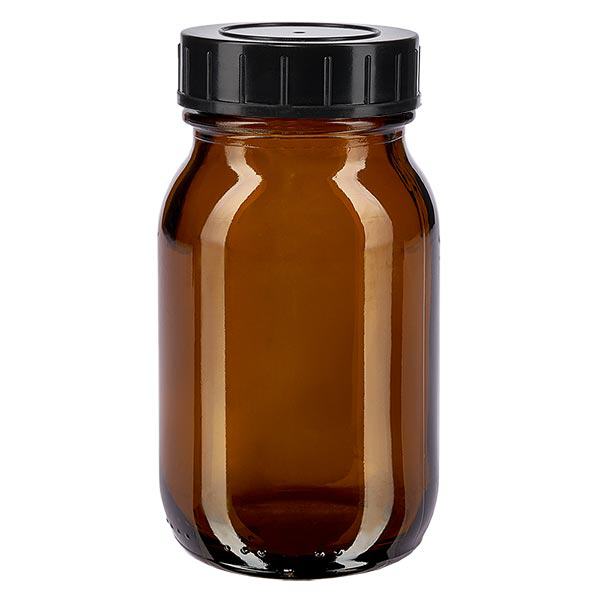 100ml l&#225;hev se &#353;irok&#253;m hrdlem jantarov&#233; sklo se &#353;roubovac&#237;m uz&#225;v&#283;rem