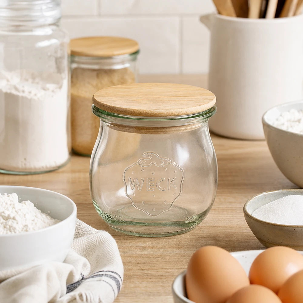 75ml tulipánová sklenice WECK RR40 s dřevěným víčkem WECK Tulpenglas RR40 75ml mit Bambusdeckel in moderner Küche umgeben von Eiern Mehl und Küchenutensilien