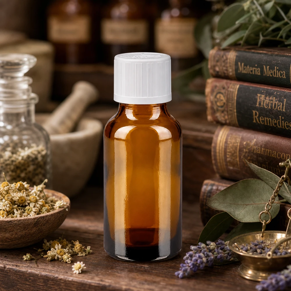 Lékárenská láhev hnědá 20ml šroubovací uzávěr bílý standard odolný proti otevření dětmi. Kompakte 20ml Braunglas-Apothekerflasche mit 11mm Kindersicherheitsverschluss weiß für Kräuterextrakte