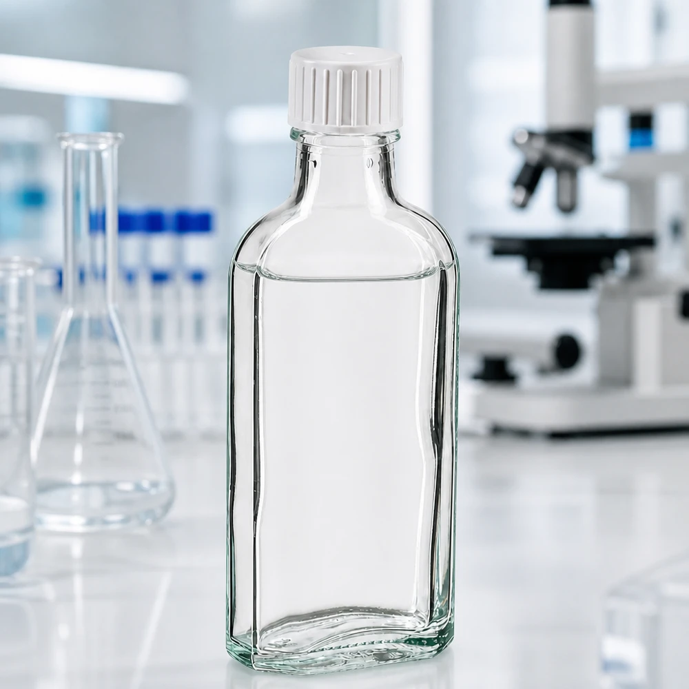 100 ml čirý šroubovací uzávěr Meplat s nalévacím kroužkem. Flache quadratische 100ml Glasflasche klar mit Schraubverschluss und Gießring