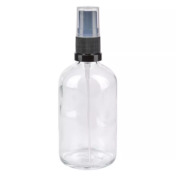 Lékárenská lahvička čirá 100ml s rozprašovačem černá Lékárenská lahvička čirá 100ml s rozprašovačem černá