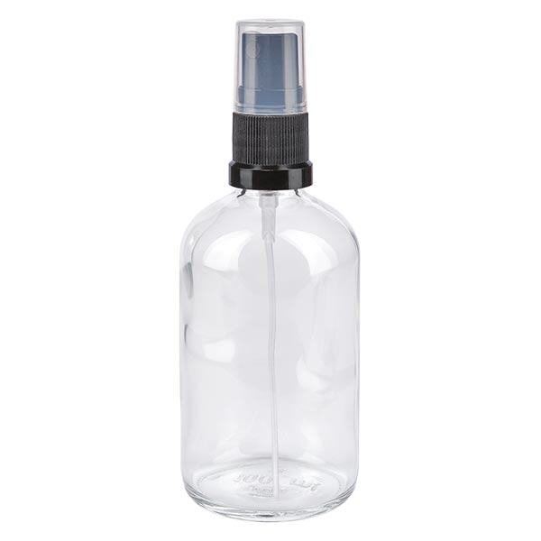 Lékárenská lahvička čirá 100ml s rozprašovačem černá Lékárenská lahvička čirá 100ml s rozprašovačem černá