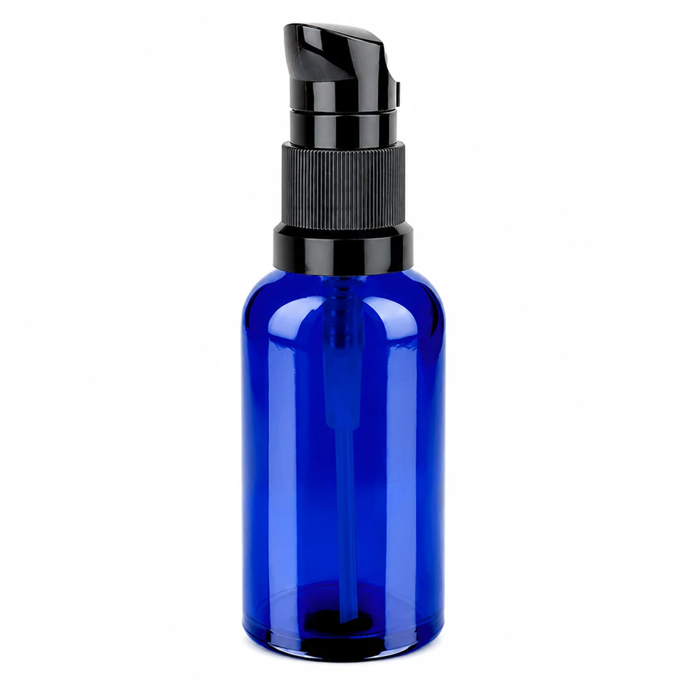 Elegante blaue 50ml Flasche mit schwarzem Pumpverschluss für Seren und Öle