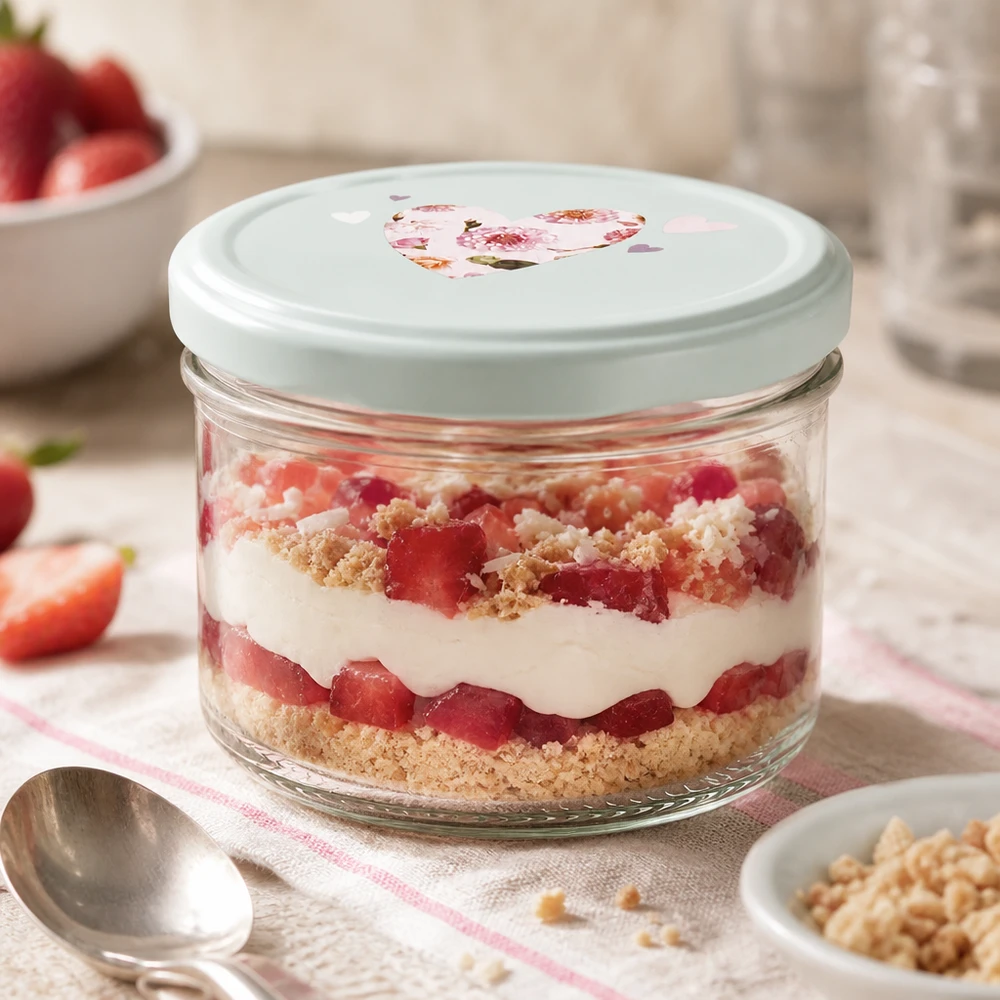 230ml Zylinderglas mit BasicSeal Deckel Herz mint für Schichtdessert mit Erdbeeren Sahne und Streuseln als Nachtisch