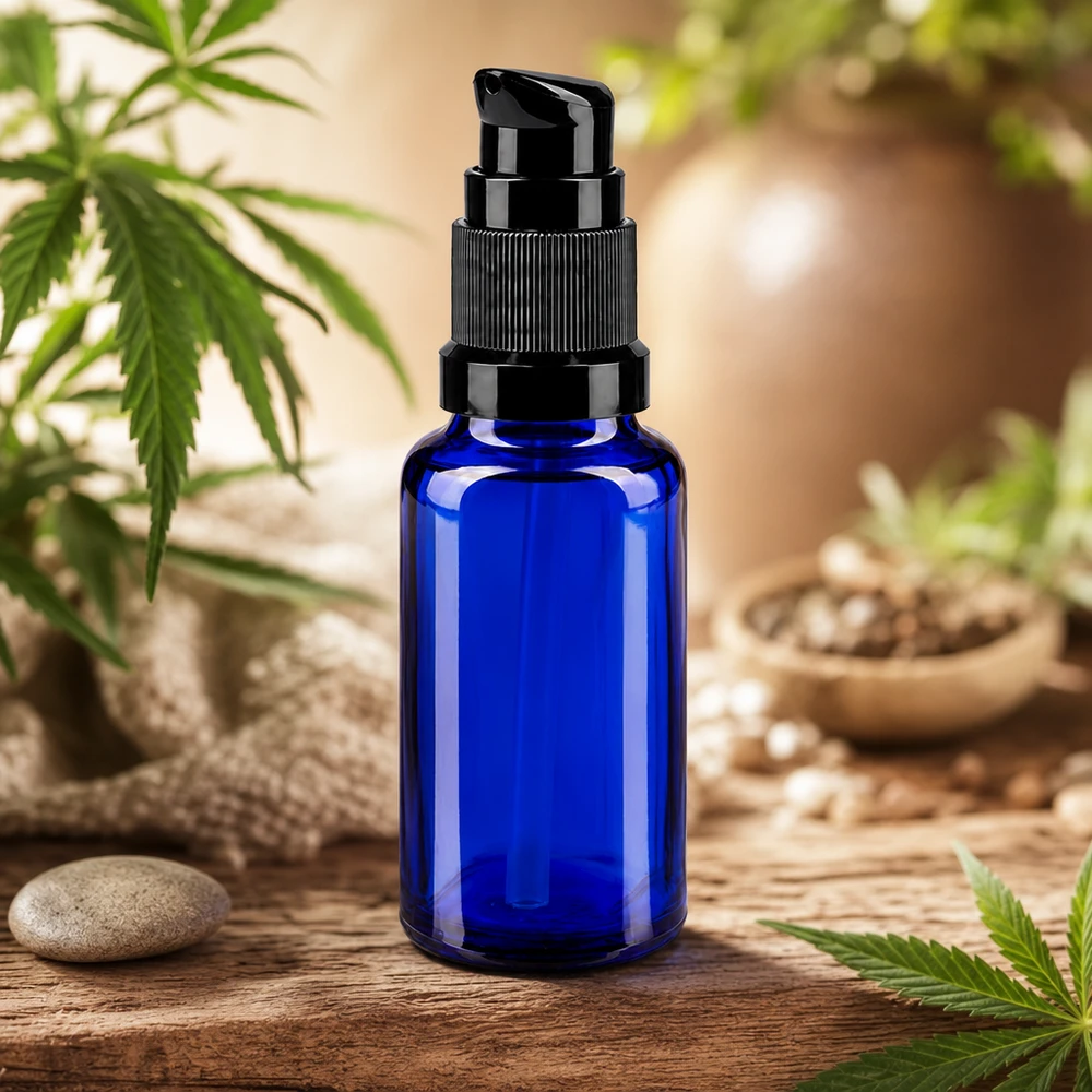Lékárenská láhev modrá 20ml s uzávěrem pumpy černá standardní Blaue ApoGlas Pumpflasche 20ml in natürlicher Umgebung mit Hanfblättern und Samen