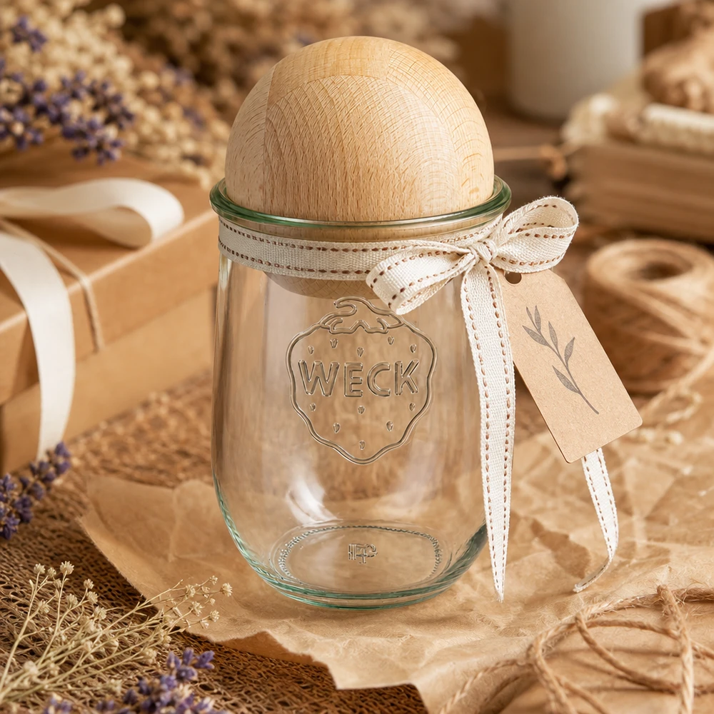 WECK Vorratsglas RR100 1062ml mit Buchenkugel-Deckel in natürlicher Landhaus-Dekoration mit Lavendel und Holzband