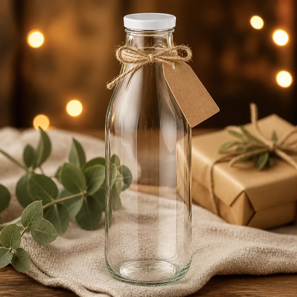 1000ml Glasflasche BasicSeal Deckel weiß Geschenkverpackung Jutesack Eucalyptus Deko warmes Licht rustikale Präsentation